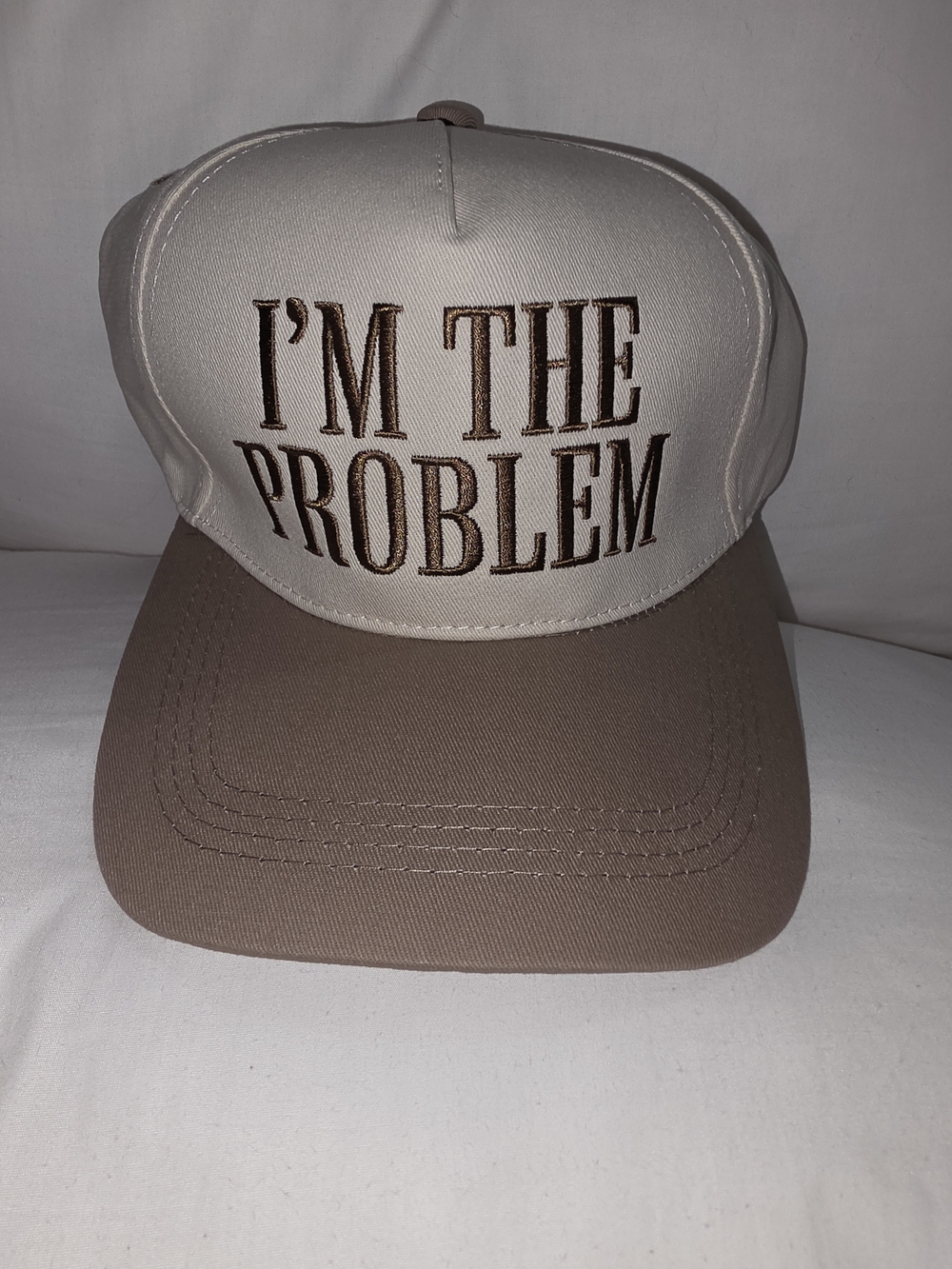 Womens "I'M THE PROBLEM" Embroidered Tan & Cream Trucker Hat